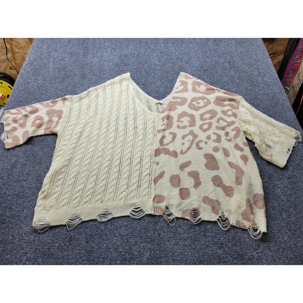 POL Oversized Cable Knit Leopard Print Distressed V-Neck Top Cream Tan SMST128 L
